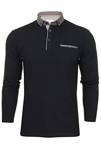 Xact Herren Langarm Piqué-Poloshirt aus Baumwolle mit Chambray-Button-Down-Kragen (Navy) XL von Xact