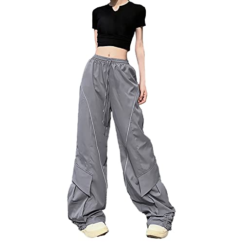 Fallschirmhosen Cargohose Damen Baggy,Y2K Baggy Lange Hosen Elastische Taille Hose Streetwear,Teenager Hip Hop Schnürung Frauen 90er Aesthetic Vintage Lang Freizeithose Parachute Pants (H2-Grey, L) von Xbemkste