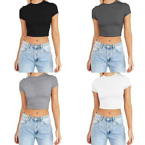 Top Damen, Eng Rundhalsausschnitt Kurzarm Crop Tops, Casual Plissiert Oberteil für Ladies Teenager Mädchen, Einfarbig T-Shirt Sommer Top von Xbemkste