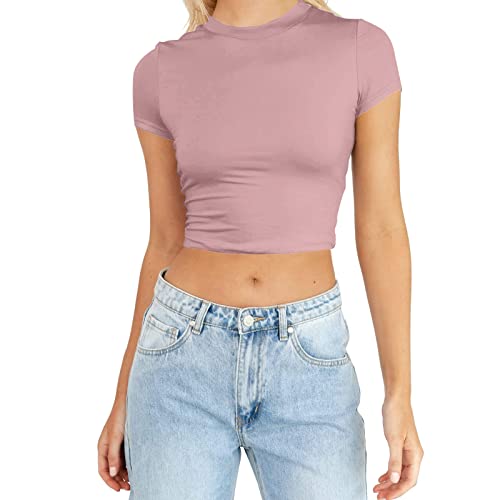 Top Damen, Eng Rundhalsausschnitt Kurzarm Crop Tops, Casual Plissiert Oberteil für Ladies Teenager Mädchen, Einfarbig T-Shirt Sommer Top von Xbemkste