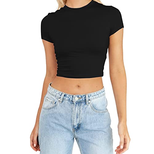 Top Damen, Eng Rundhalsausschnitt Kurzarm Crop Tops, Casual Plissiert Oberteil für Ladies Teenager Mädchen, Einfarbig T-Shirt Sommer Top von Xbemkste