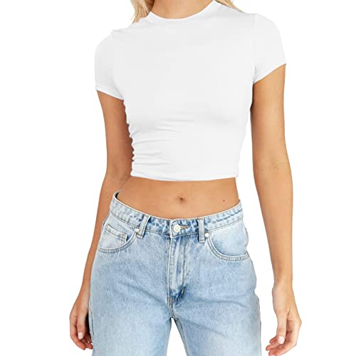 Top Damen, Eng Rundhalsausschnitt Kurzarm Crop Tops, Casual Plissiert Oberteil für Ladies Teenager Mädchen, Einfarbig T-Shirt Sommer Top von Xbemkste