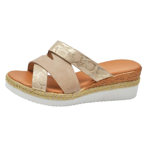 Xbemkste Damen Plateau Sandalen Pantoletten, Slip on Hausschuhe, Bequeme Strandsandalen Clogs, Freizeit Keilsandalen, Vintage Wedges Plateau Sandalen mit Korkfußbet (Beige, 40) von Xbemkste