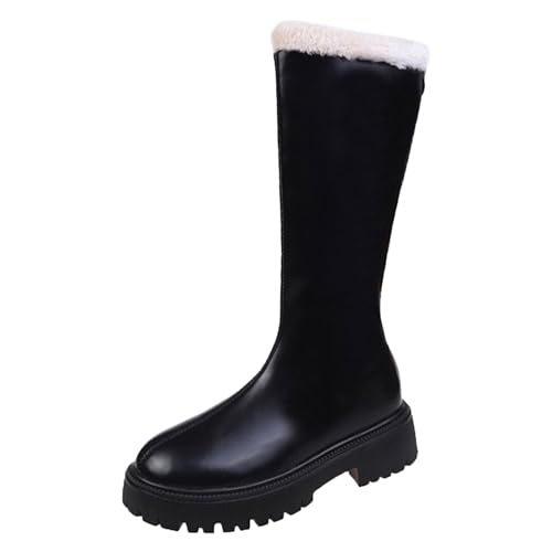 Xbemkste Damen Stiefel Kniehohe Stiefel Frauen Neue Runde Kopf Dicke Sohle Hohe Barrel Stiefel Winter Warme Damen Lange Stiefel Schneestiefel Damen Wasserdicht, Schwarz , 37.5 EU von Xbemkste