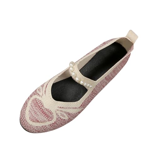 Xbemkste Damen Stricken Ballerina, Klassische Flache Schuhe, einem Riemen am RIST, Atmungsaktiver Freizeitschuhe, Blumendruck Slip On Sommer Runde Zehe Vintage Ballerinas, Leichtes, weiche (Pink, 37) von Xbemkste