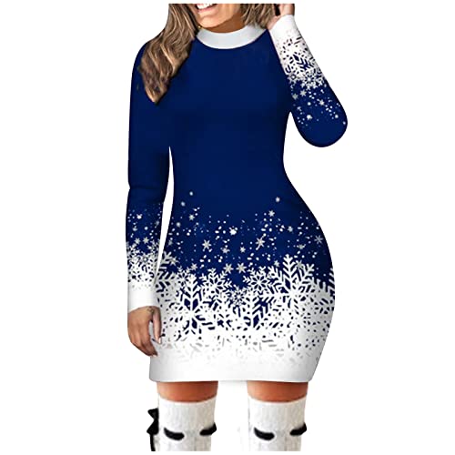 Xbemkste Weihnachtskleid Damen Strickkleid Damen Runder Schneeflockenhals Bedrucktes Weihnachtskleid mit Langen Ärmeln Knitted Dress Winterkleid Damen Kleid Weihnachten (Blue, L) von Xbemkste