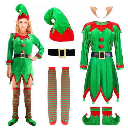Weihnachts Elfen Kostüm Damen,Wichtel Elf Kostüm Weihnachtself Mit Elfenohren Hut Schuhen Gürtel Socken für Karneval Weihnachten (DE/NL/SE/PL, Alphanumerisch, XL, Regular, Regular, 6pcs Set) von XehCaol