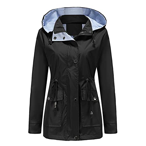 XeonZkne Damen Regenjacke Outdoorjacke wasserdichte Softshelljacke Atmungsaktive Packbare Übergangsjacke Leichte Jacke mit Kapuze für Frühlings Herbst zum Wandern Trekking Fahrrad (Black, M) von XeonZkne