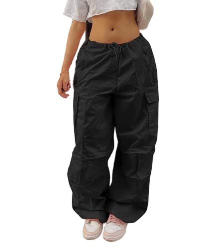 Damen Cargo Hose Y2k Baggy Lange Hosen Lose Weite Bein Track Pants Damen Gerade Sweatpants Lace Up Vintage Casual Pants (as3, Alpha, x_l, Regular, Regular, Schwarz) von XinCDD