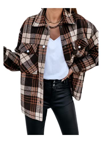 Damen Karierte Jacke Knöpfe Oversized Übergangsjacke Kurz Overshirt mit Karomuster Herbst und Winter locker lässige Retro Karierte Langarm-Hemdjacke DamenTop (Braun, 3XL) von XinCDD