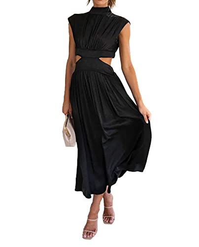 Damen Sommerkleid Stehkragen Kleid mit Offener Taille Elegant Einfarbig Freizeitkleider Swing Kleid (as3, Alpha, m, Regular, Regular, Lang Schwarz) von XinCDD