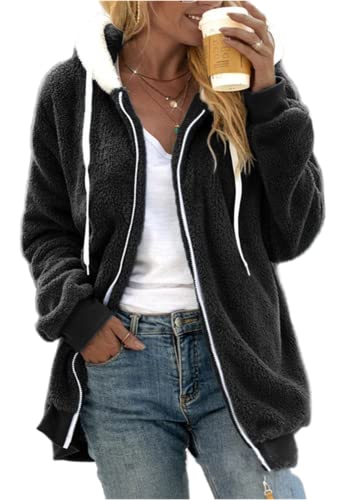 Fleece Jacke Damen Kapuzenpullover Oversize Kuschel Plüsch Sweatshirt mit Fell Kuschelpullover Flauschig Pullover mit Kapuze Winter Kapuzenjacke mit Reißverschluss (M, Schwarz) von XinCDD