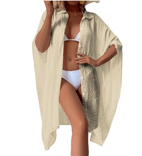 Strandkleid Damen Bikini Cover Up Lang Kimono Strickjacken Bademode Strand Vertuschen Shirt (Aprikose) von XinCDD