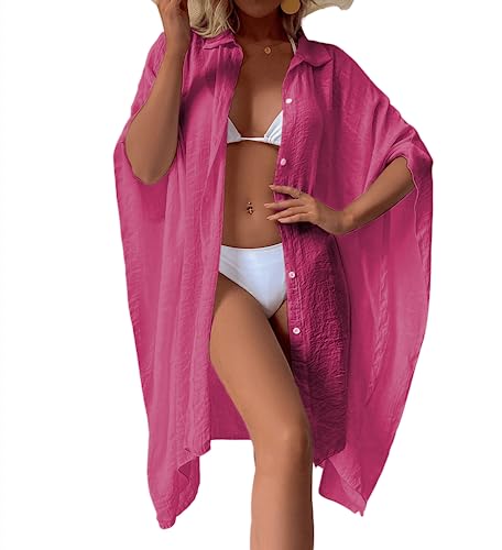 Strandkleid Damen Bikini Cover Up Lang Kimono Strickjacken Bademode Strand Vertuschen Shirt (Rot) von XinCDD