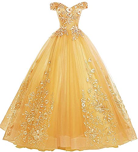 Xinaier Schulterfrei Abendkleider Tüll Prinzessin Lange Party Ballkleider Quinceanera Kleider Gold Größe 46 von Xinaier