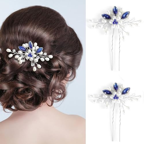 Xinlon 2 Stück Haarschmuck Mädchen, U-förmig Braut Haarnadeln, Haarschmuck Hochzeit Blau, Kristall Perlen Brautschmuck Haarkamm für Brautjungfern, Bräute, Hochzeit, Ball, Party, Bühnenshows von Xinlon