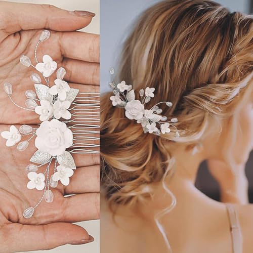 Xinlon Braut Hochzeit Haarkamm Silber, Kristall Perlen Brautschmuck Haarkamm, Blume Blatt Kopfschmuck, Perlen Haarklammern Haarschmuck für Frauen und Mädchen von Xinlon