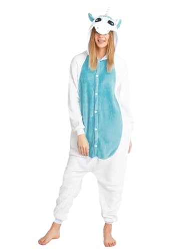 Einhorn Pyjamas Kigurumi Tierkostüm Jumpsuit Schlafanzug Unisex Erwachsene Cosplay Halloween Karneval Onesies Kostüm faschingskostüme Damen Herren (Blau, S) von Xinlong