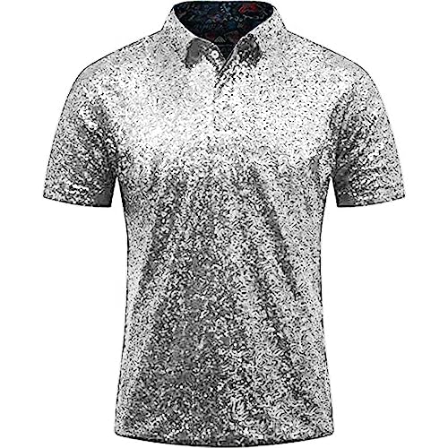 Herren Relaxed Short Sleeve Turndown Sparkles Pailletten Polos Shirts 70er Jahre Disco Nachtclub Party T-Shirts Hemd Überlänge Herren von Xmiral