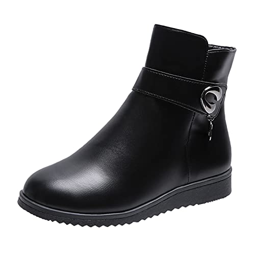 Xmiral Damen Stiefel Runde Spitze Lederstiefel Rei遶erschluss Flacher Retro Warme Innen Kurze Boots (Schwarz, 37) von Xmiral