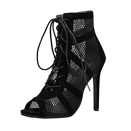 Xmiral Durchscheinende Stiefeletten Für Damen Peep-toe Stilettos Hohle High-heel Stiefel Aus Mesh Zum Schnüren (Schwarz, 37) von Xmiral