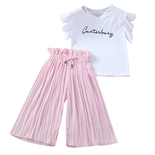 Xmiral Kinder Kinder M鋎chen Kurzarm Outfits Brief T-Shirt + Breite Beinhosen Baby Sommer Tops Hosen 2er Kleidung Set(Rosa,13-14 Jahre) von Xmiral