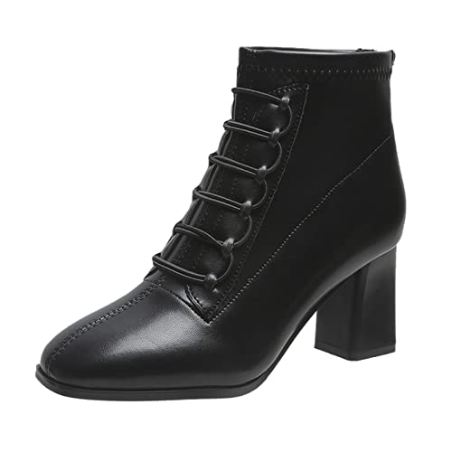 Xmiral Lederstiefel Damen Schnürhalbschuhe Winterstiefel Mit Eckigem Absatz High Heels Stiefelette Mit Reißverschluss (Schwarz, 38) von Xmiral