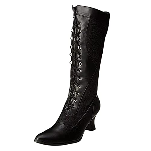 Xmiral Mittlere Stiefel Damen Mittlerem Absatz Boots Spitze Zehenkappe Lange Schnürschuhe Mit Spitzennähte (Schwarz, 38) von Xmiral