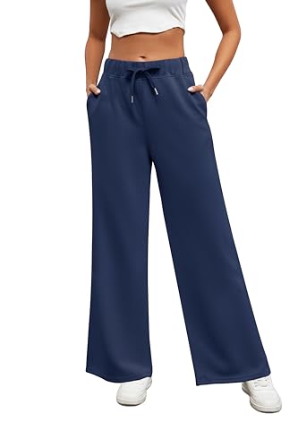 Xnova Hosen Damen mit Geradem Bein, Lounge Jogginghose Kordelzug Yogahose Breites Bein, Dehnbar Homewear Sporthose mit Taschen (Blau, L) von Xnova