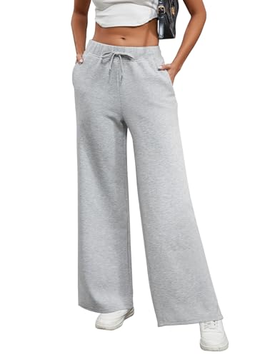 Xnova Hosen Damen mit Geradem Bein, Lounge Jogginghose Kordelzug Yogahose Breites Bein, Dehnbar Homewear Sporthose mit Taschen (Grau, M) von Xnova