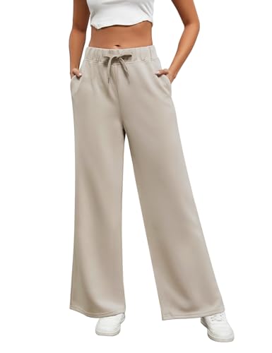 Xnova Hosen Damen mit Geradem Bein, Lounge Jogginghose Kordelzug Yogahose Breites Bein, Dehnbar Homewear Sporthose mit Taschen (Khaki, XXL) von Xnova