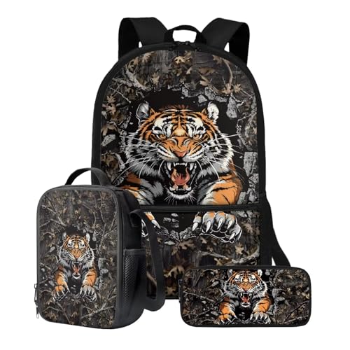 Xoenoiee 3-teiliges Rucksack-Set für Jungen und Mädchen, 43,2 cm, Schultasche, Lunchtasche und Federmäppchen für Schüler, Schulbedarf, Tigerbaum, Camouflage von Xoenoiee