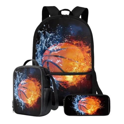 Xoenoiee 3-teiliges Rucksack-Set für Jungen und Mädchen, mit Lunchtasche und Federmäppchen, Schulrucksack-Set, 3-in-1-Set für Teenager, Studenten, Basketball-Feuerwasser-Muster von Xoenoiee