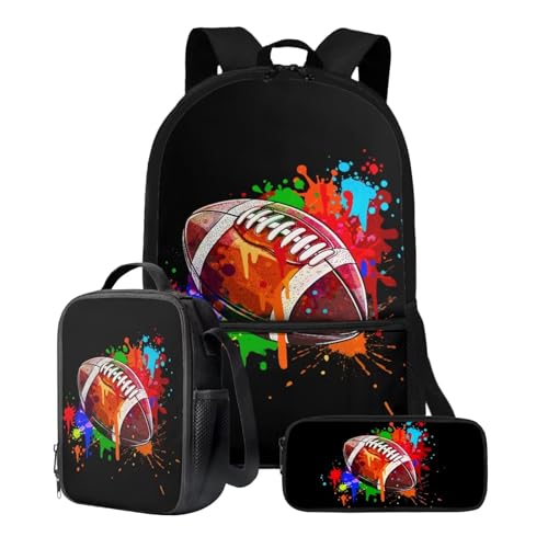 Xoenoiee 3-teiliges Rucksack-Set für Jungen und Mädchen, mit Lunchtasche und Federmäppchen, Schulrucksack-Set, 3-in-1-Set für Teenager, Studenten, Buntes American Football-Muster von Xoenoiee