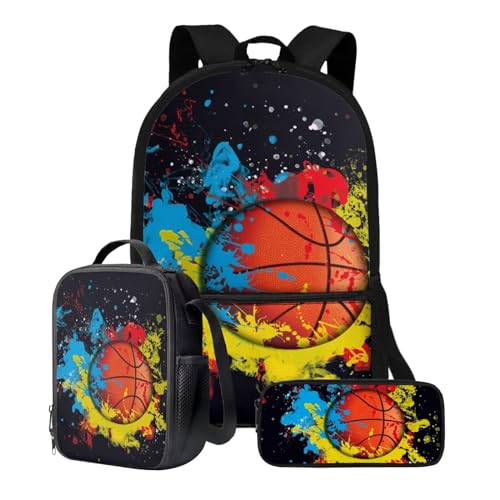 Xoenoiee 3-teiliges Rucksack-Set für Jungen und Mädchen, mit Lunchtasche und Federmäppchen, Schulrucksack-Set, 3-in-1-Set für Teenager, Studenten, Buntes Basketball-Muster von Xoenoiee