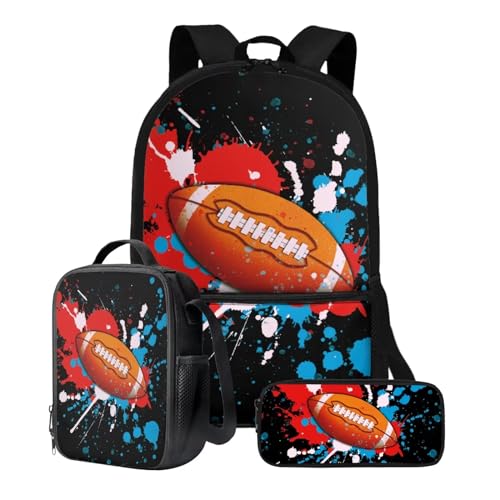 Xoenoiee 3-teiliges Rucksack-Set für Jungen und Mädchen, mit Lunchtasche und Federmäppchen, Schulrucksack-Set, 3-in-1-Set für Teenager, Studenten, Farbiges American Football-Muster von Xoenoiee