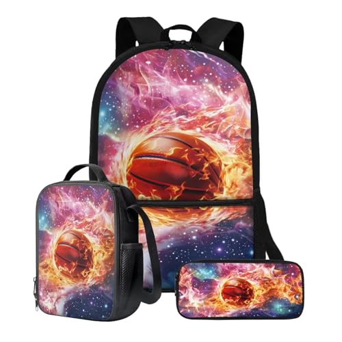 Xoenoiee 3-teiliges Rucksack-Set für Jungen und Mädchen, mit Lunchtasche und Federmäppchen, Schulrucksack-Set, 3-in-1-Set für Teenager, Studenten, Feuer-Basketball-Galaxie-Muster von Xoenoiee