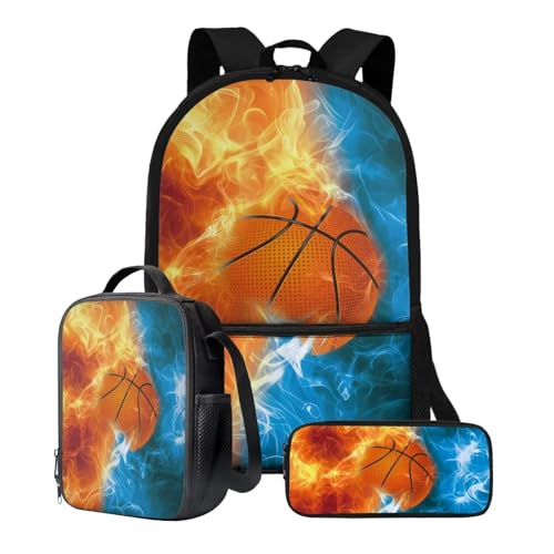 Xoenoiee 3-teiliges Rucksack-Set für Jungen und Mädchen, mit Lunchtasche und Federmäppchen, Schulrucksack-Set, 3-in-1-Set für Teenager, Studenten, Feuer-Basketball-Muster von Xoenoiee