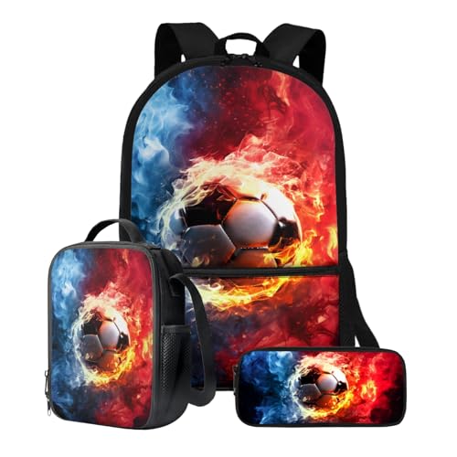 Xoenoiee 3-teiliges Rucksack-Set für Jungen und Mädchen, mit Lunchtasche und Federmäppchen, Schulrucksack-Set, 3-in-1-Set für Teenager, Studenten, Feuer-Fußball-Muster von Xoenoiee