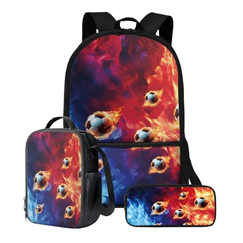 Xoenoiee 3-teiliges Rucksack-Set für Jungen und Mädchen, mit Lunchtasche und Federmäppchen, Schulrucksack-Set, 3-in-1-Set für Teenager, Studenten, Feuer-Fußball-Muster von Xoenoiee