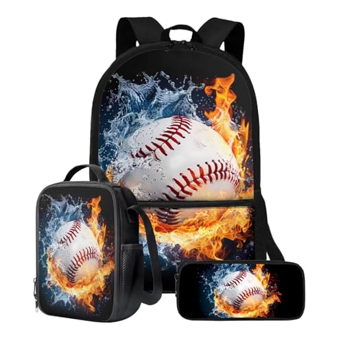 Xoenoiee 3-teiliges Rucksack-Set für Jungen und Mädchen, mit Lunchtasche und Federmäppchen, Schulrucksack-Set, 3-in-1-Set für Teenager, Studenten, Feuerwasser-Baseball-Muster von Xoenoiee