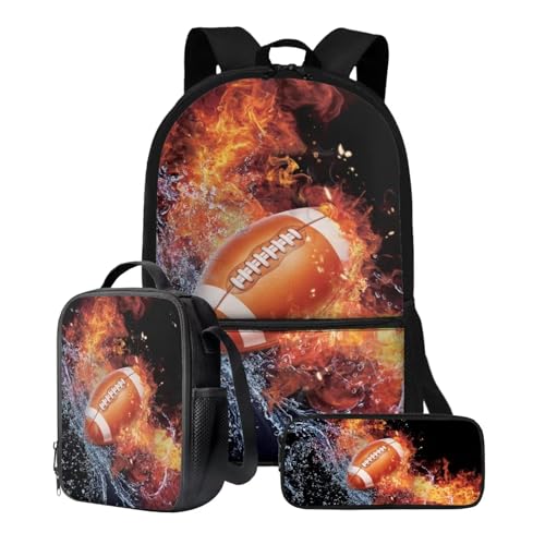 Xoenoiee 3-teiliges Rucksack-Set für Jungen und Mädchen, mit Lunchtasche und Federmäppchen, Schulrucksack-Set, 3-in-1-Set für Teenager, Studenten, Feuerwasserspritzer, American Football-Muster von Xoenoiee