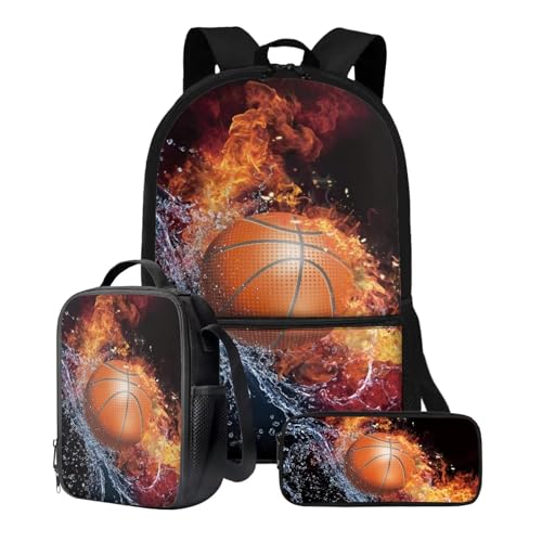 Xoenoiee 3-teiliges Rucksack-Set für Jungen und Mädchen, mit Lunchtasche und Federmäppchen, Schulrucksack-Set, 3-in-1-Set für Teenager, Studenten, Feuerwasserspritzer, Basketball-Muster von Xoenoiee