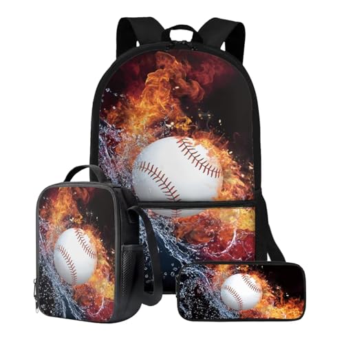 Xoenoiee 3-teiliges Rucksack-Set für Jungen und Mädchen, mit Lunchtasche und Federmäppchen, Schulrucksack-Set, 3-in-1-Set für Teenager, Studenten, Feuerwasserspritzer Baseball-Muster von Xoenoiee