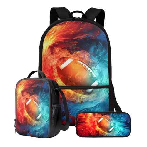 Xoenoiee 3-teiliges Rucksack-Set für Jungen und Mädchen, mit Lunchtasche und Federmäppchen, Schulrucksack-Set, 3-in-1-Set für Teenager, Studenten, Fire American Football-Muster von Xoenoiee