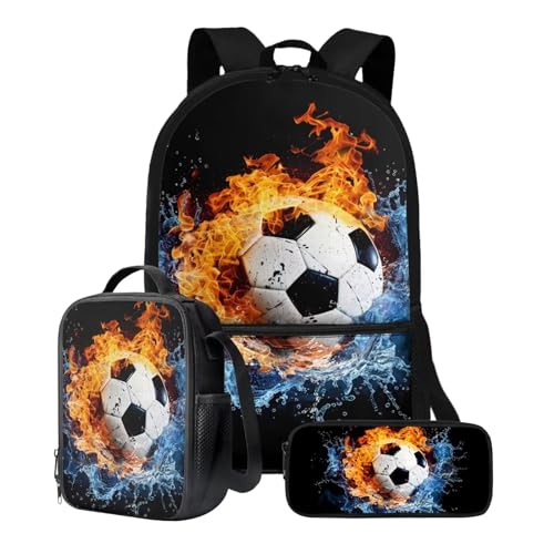 Xoenoiee 3-teiliges Rucksack-Set für Jungen und Mädchen, mit Lunchtasche und Federmäppchen, Schulrucksack-Set, 3-in-1-Set für Teenager, Studenten, Fußball-Feuerwasser-Muster von Xoenoiee