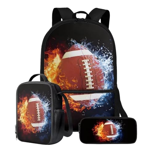 Xoenoiee 3-teiliges Rucksack-Set für Jungen und Mädchen, mit Lunchtasche und Federmäppchen, Schulrucksack-Set, 3-in-1-Set für Teenager, Studenten, Wasserfeuer American Football-Muster von Xoenoiee