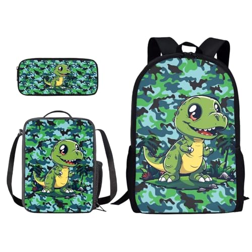 Xoenoiee 3-teiliges Set aus Rucksack und Lunchtasche, Federmäppchen-Set für Kinder, Schultasche, Teenager, Büchertasche, Schultaschen-Set, Tierdruck, Niedlicher Dinosaurier-Camouflage, Grün, von Xoenoiee