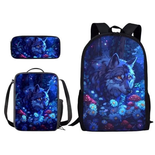 Xoenoiee 3-teiliges Set aus Rucksack und Lunchtasche, Federmäppchen für Kinder, Schultasche, Büchertasche, niedliches Tiermuster, 3-in-1, Wolfspilz, Blau, Blumenmuster, Einheitsgröße von Xoenoiee