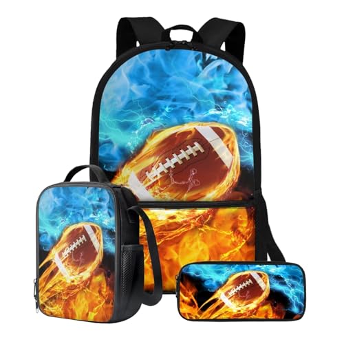 Xoenoiee Büchertasche + Lunchbox + Federmäppchen für Studenten, 43,2 cm, große Schultasche, Rucksack-Set für Jungen und Mädchen, 3-teilig, American Football Red Blue Fire von Xoenoiee